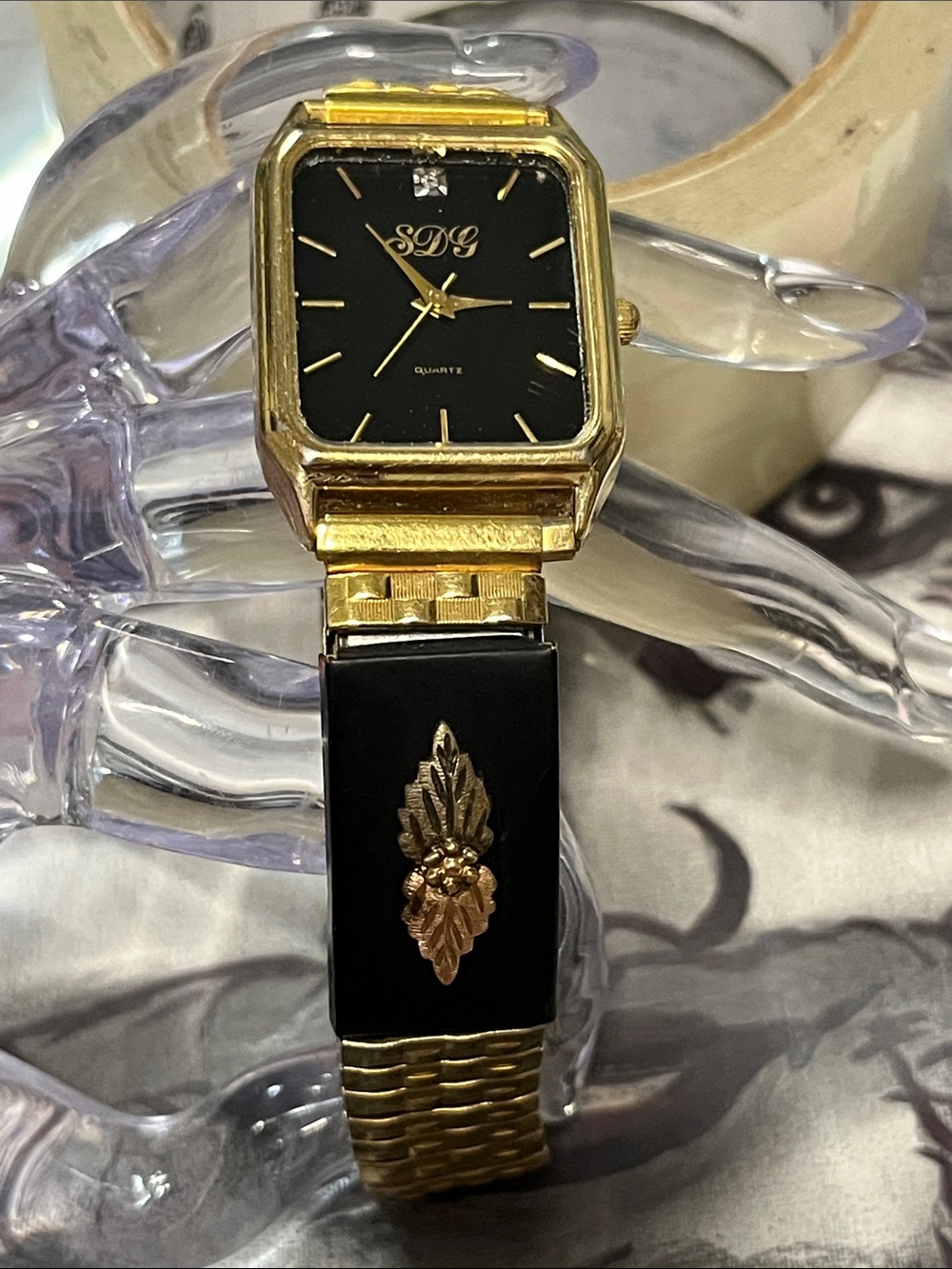 Gold-Tone Women's Watch with Black Dial and Black Bracelet Accent